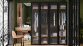 Спальный гарнитур «Порто» №4 Яблоня Беллуно/Графит/Стекло сатин черное в Междуреченском - mezhdurechenskij.mebel-tymen.ru | фото